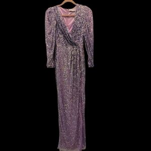 NWT Mac Duggal Gown 2 Lilac Purple Sequin Embellished Dress Long Sleeve Slit